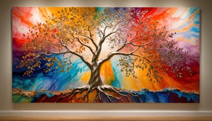 Abstract Tree Painting with Colorful Background.