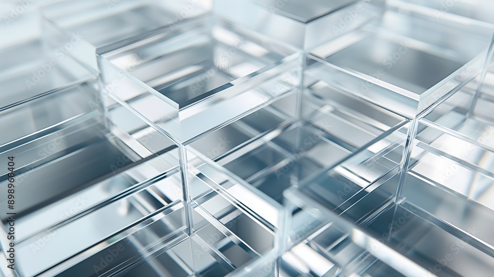 Poster 36. **visualize a 3d render of interconnected geometric glass prisms with high-gloss finishes and in