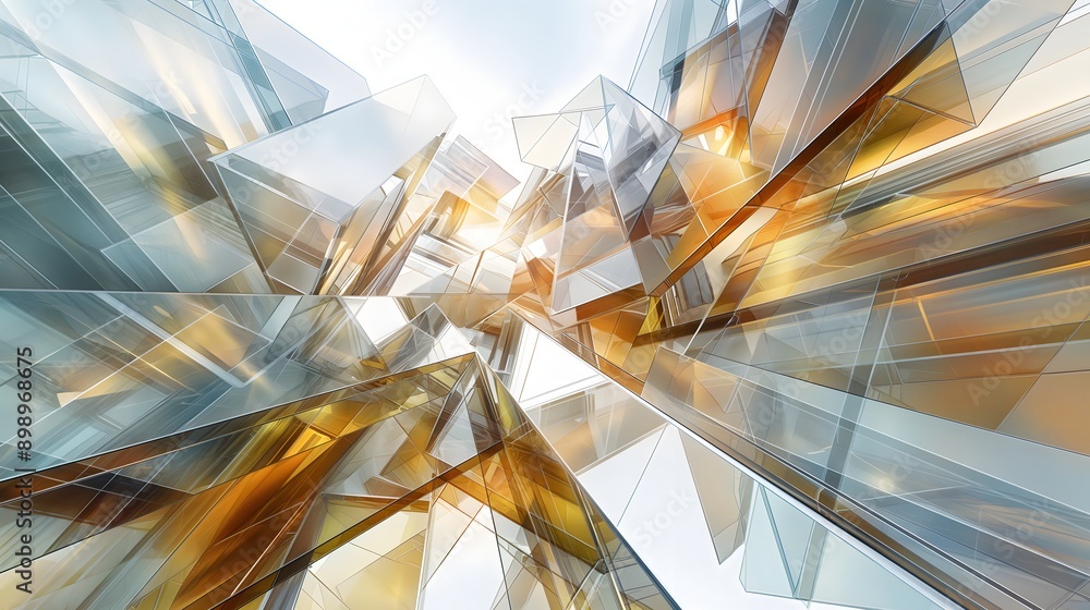 Poster 28. **render a 3d image of overlapping geometric glass structures with high-gloss surfaces and intri