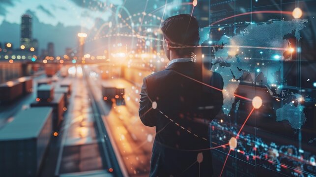 Businessman with virtual interface panel of global logistics network, emphasizing smart delivery concepts.