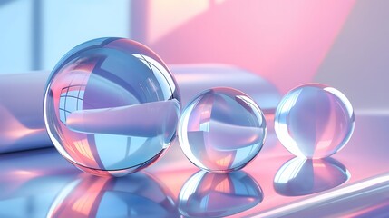 37. **Create a 3D image of smooth, glossy geometric glass forms with transparent qualities, set against a subtle, modern backdrop