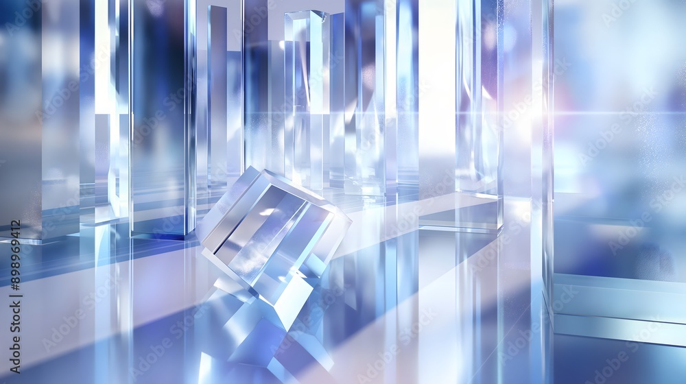 Poster 30. **visualize a 3d abstract scene with geometric glass prisms reflecting light with high-gloss fin