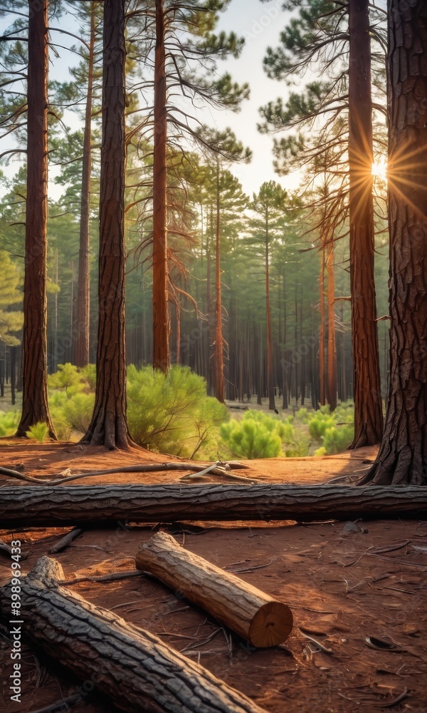 Poster Sunbeams through Tall Pine Trees in Forest. with copy space for text