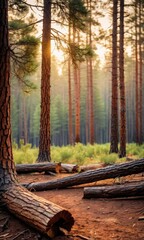 Fallen Tree Trunk in Sunlit Forest. with copy space for text