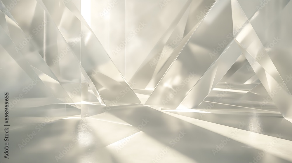Poster 30. **visualize a 3d abstract scene with geometric glass prisms reflecting light with high-gloss fin