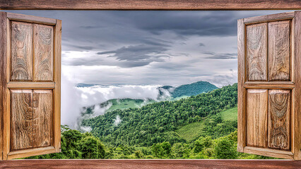 Vista desde una ventana de madera hacia la selva, vegetación abundante en un día nublado