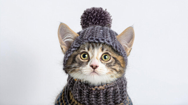 Gato con sueter y gorro de invierno 