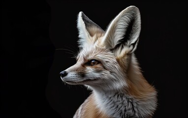 Fototapeta premium A close-up of a fennec fox with large, expressive ears. The fennec fox's dark, bright eyes reflect curiosity and intelligence.