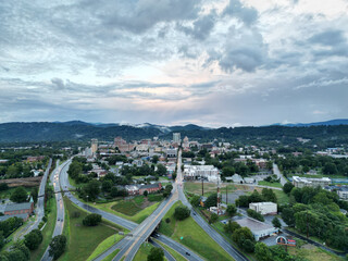 Aerial View of Downtown Asheville Highways. North Carolina drone view of the city