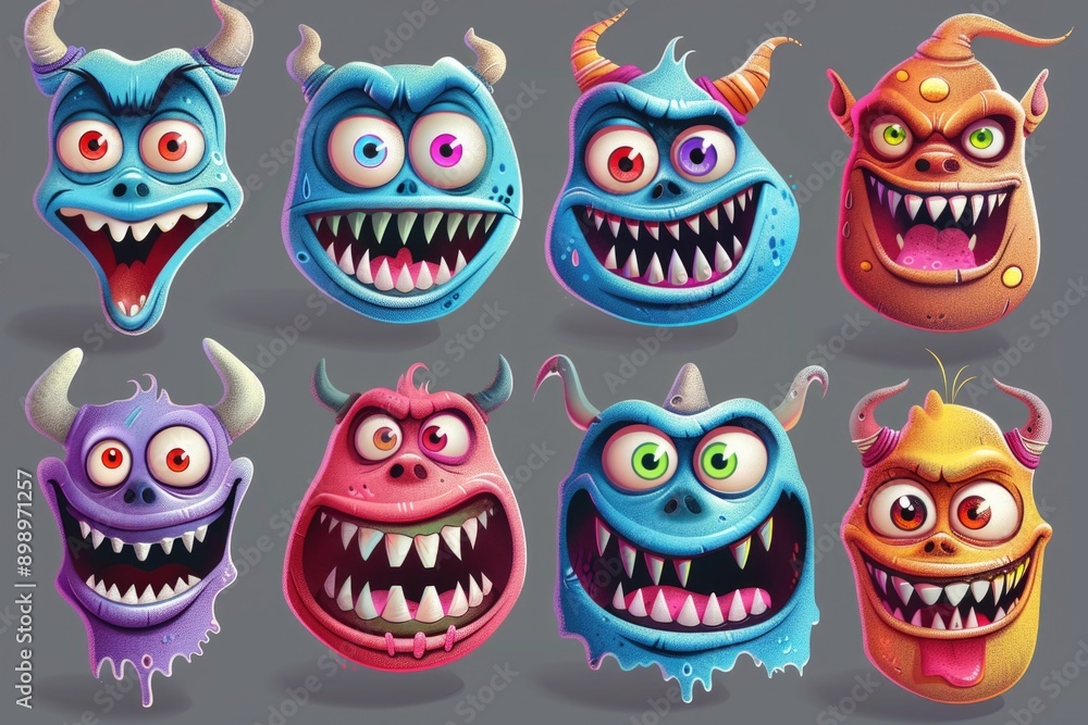 Poster a collection of cartoon monsters with different facial expressions, suitable for illustration or des