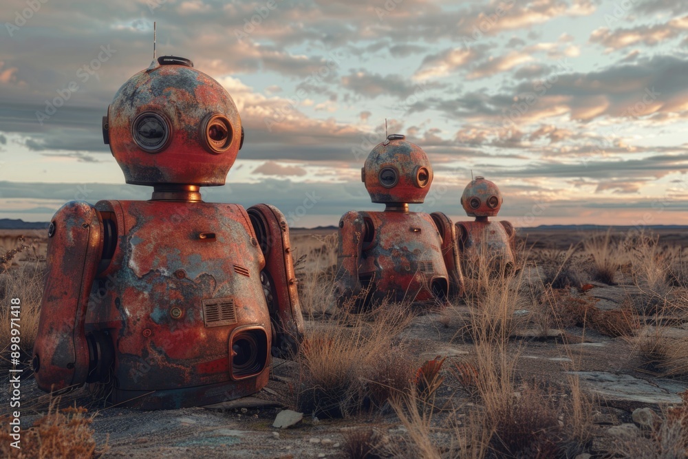 Aufkleber A group of robots standing in a green grass field