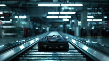 Fototapeta premium A piece of luggage sits atop an escalator, awaiting its next destination