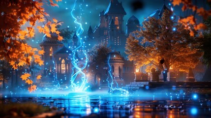 Fototapeta premium Ghosts floating in graveyard, eerie atmosphere