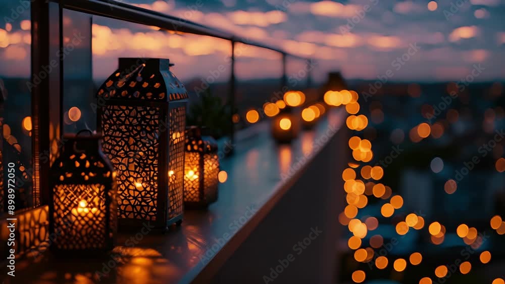 Poster a balcony overlooking a cityscape adorned with elegant lanterns softly lighting the space and creati