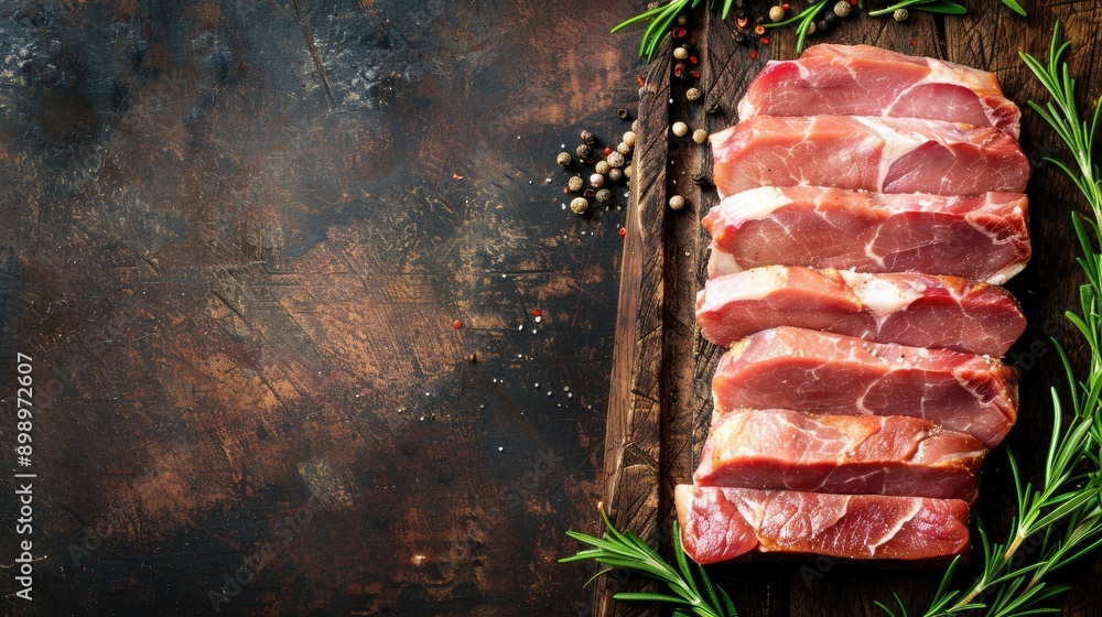 Aufkleber fresh pork slices on rustic table with copy space