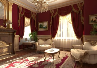 Elegant Living Room Interior Design with Red Curtains and Gold Accents