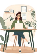 Fototapeta premium Woman Working on Laptop at Desk