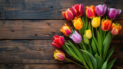 Colorful tulip bouquet on wooden backdrop for Mother s Day and International Women s Day space for message