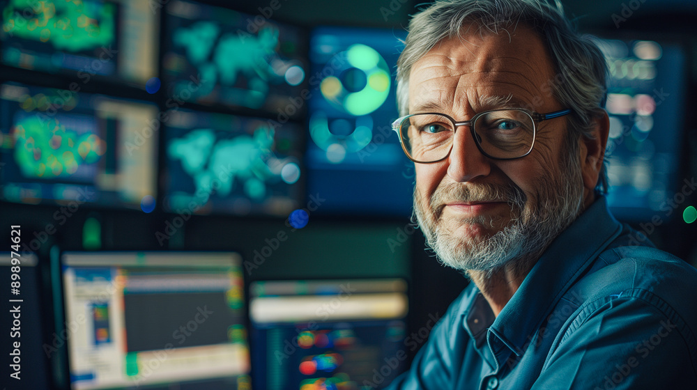 Poster experienced cybersecurity expert monitoring data on multiple screens, showcasing expertise in digita