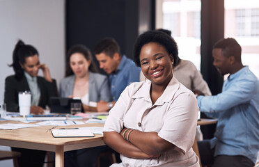 Business woman, arms crossed and meeting portrait for growth report, paperwork and teamwork in office. Employee lady, pride and collaboration with project documents, strategy discussion and planning