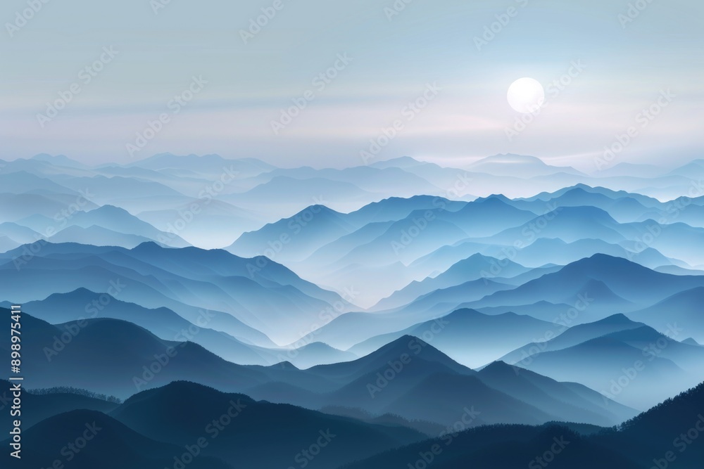 Poster A scenic view of a mountain range with the sun shining in the sky, ideal for use as a background or to represent adventure and exploration