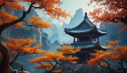 Ancient Temple in Autumn Mountains.