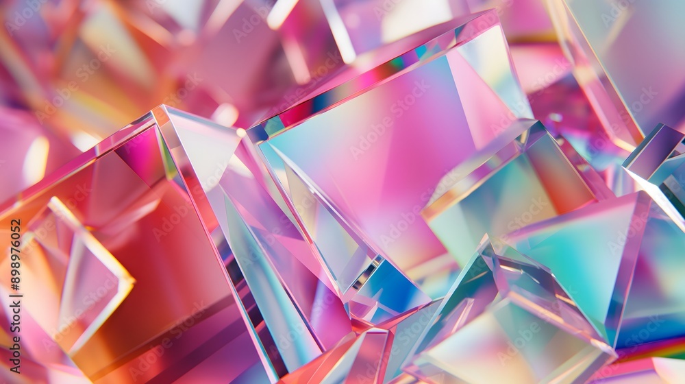 Poster 13. **create a 3d image of interconnected geometric glass prisms with high-gloss finishes and intric