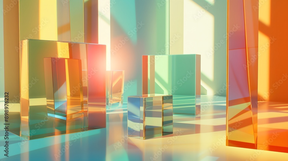 Poster 12. **visualize a 3d abstract scene with glossy geometric glass shapes reflecting light, against a c