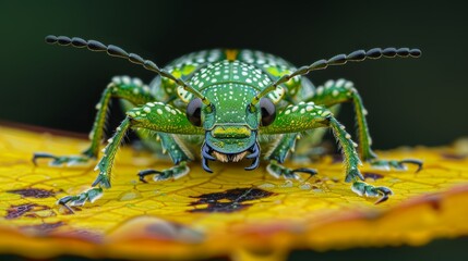 Naklejka premium Striking macro photography of a green beetle with white spots standing on a yellow leaf