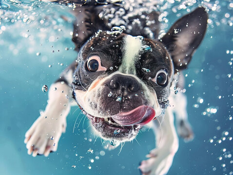 A cute Boston Terrier swims in the underwater, laughing and sticking out its tongue with bobbles. The background is blue and white, which seems to be app-style wallpaper design