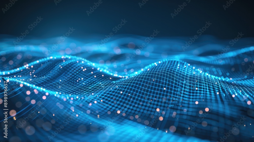 Poster futuristic blue background with flowing glowing lines, symbolizing data technology and connectivity.