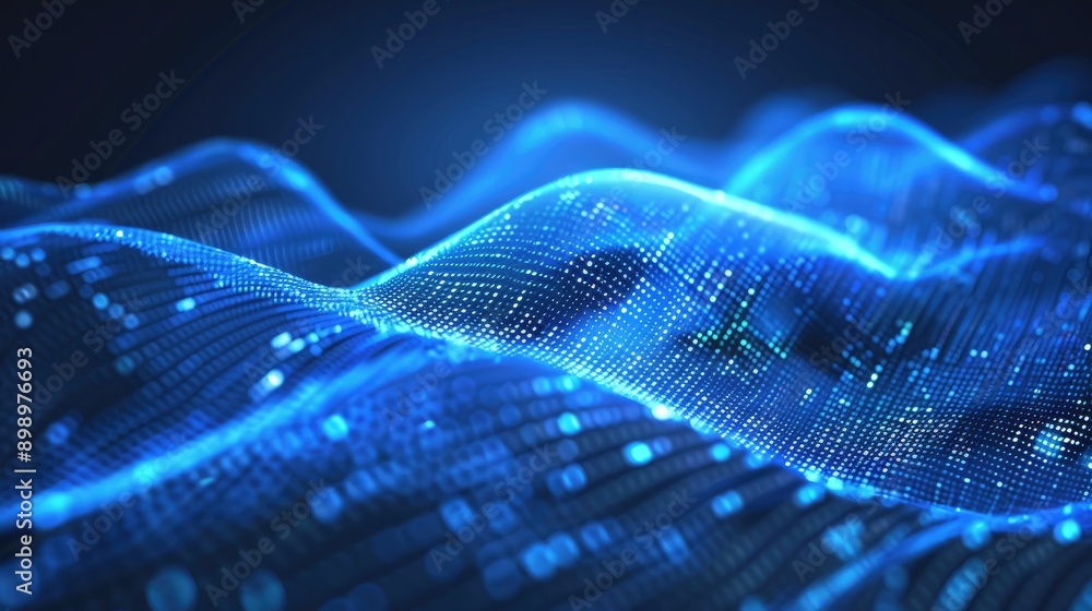 Poster futuristic blue background with flowing glowing lines, symbolizing data technology and connectivity.