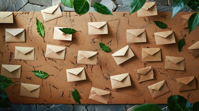 Envelopes pinned with leaf shadow on cork board
