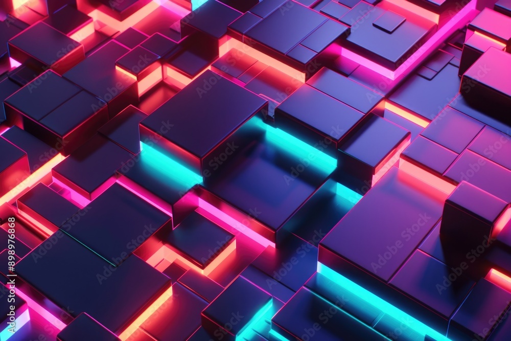 Poster a cluster of cubes with bright neon lights emitting a vibrant glow