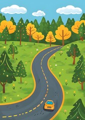 Obraz premium Yellow Car Driving on Winding Road Through Forest