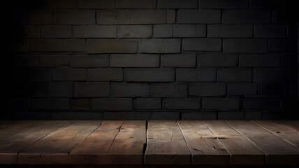 Wooden Table with Blurred Concrete Wall in Darkness.