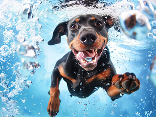 A cute Doberman Pinscher swims in the underwater, laughing and sticking out its tongue with bobbles. The background is blue and white, which seems to be app-style wallpaper design