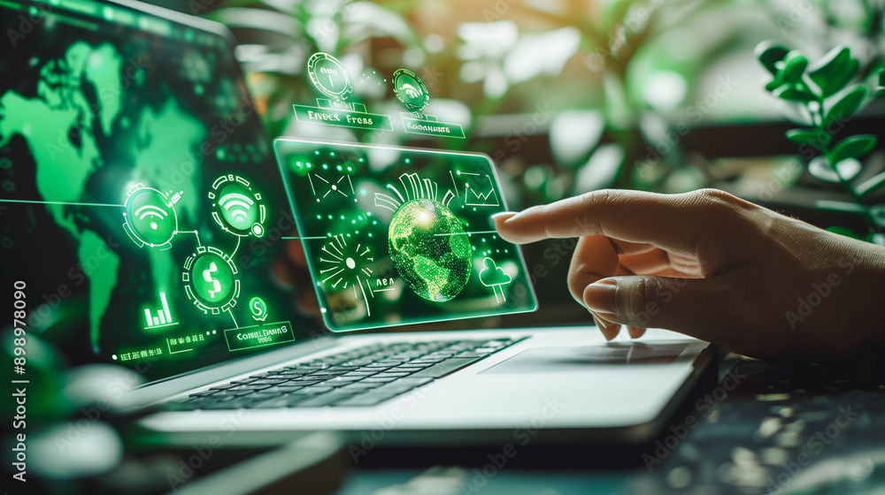 Poster a hand interacts with futuristic digital interfaces displayed on a laptop and tablet, embedded in a 