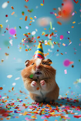 Hamster Celebrating Birthday in Party Hat with Confetti
