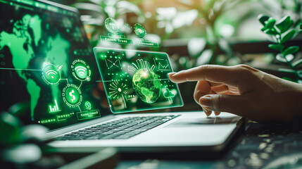 A hand interacts with futuristic digital interfaces displayed on a laptop and tablet, embedded in a lush green environment, symbolizing the integration of advanced technology with natural elements.
