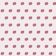 The image shows a pattern of pink cosmos flowers with yellow centers, arranged symmetrically in rows and columns on a light pink background, creating a harmonious and charming design.