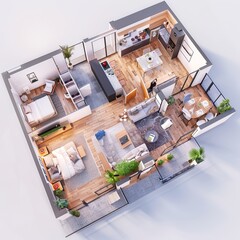 Modern Apartment, Bird's Eye View: A spacious, sunlit apartment layout, rendered in 3D, showcasing a contemporary design aesthetic with open-plan living, dining, and kitchen areas.  