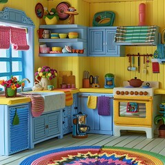 Sunshine Kitchen: A vibrant and cheerful miniature kitchen with colorful accents, featuring blue cabinets, a yellow stove, a rainbow rug, and a window overlooking a lush garden. The scene evokes warmt