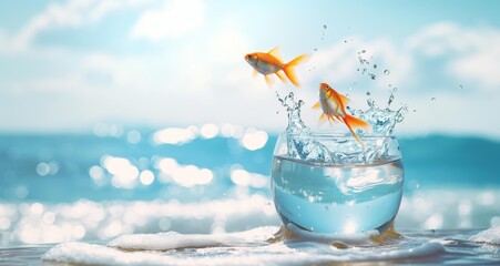 Two goldfish leaping out of a fishbowl against a bright and blurred blue seascape background, emphasizing freedom and motion.