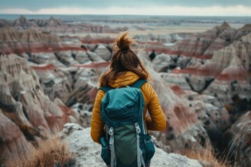 Naklejka premium A woman hikes through the badlands with a backpack, offering scenic views