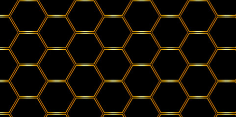 Geometric background with golden hexagonal elements on black. Medical, technology or science design. Background of abstract black hexagon background design a dark honeycomb grid pattern.