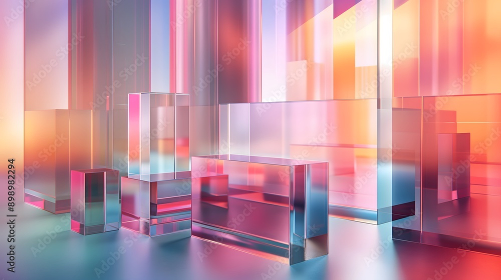 Poster 8. **generate a 3d render of translucent glass elements arranged in a modern abstract composition, s
