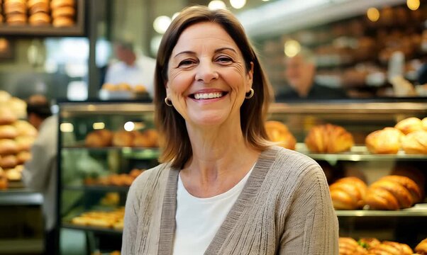 Medium shot portrait video of a grinning woman in her 40s that is wearing a chic cardigan against a busy bakery with freshly baked goods and bakers at work background