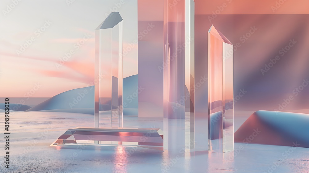 Poster 9. **design an abstract 3d render featuring glossy geometric glass prisms with transparent surfaces,