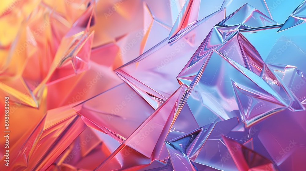 Poster 3. **design an abstract scene featuring transparent, glossy glass shards reflecting light, with a co